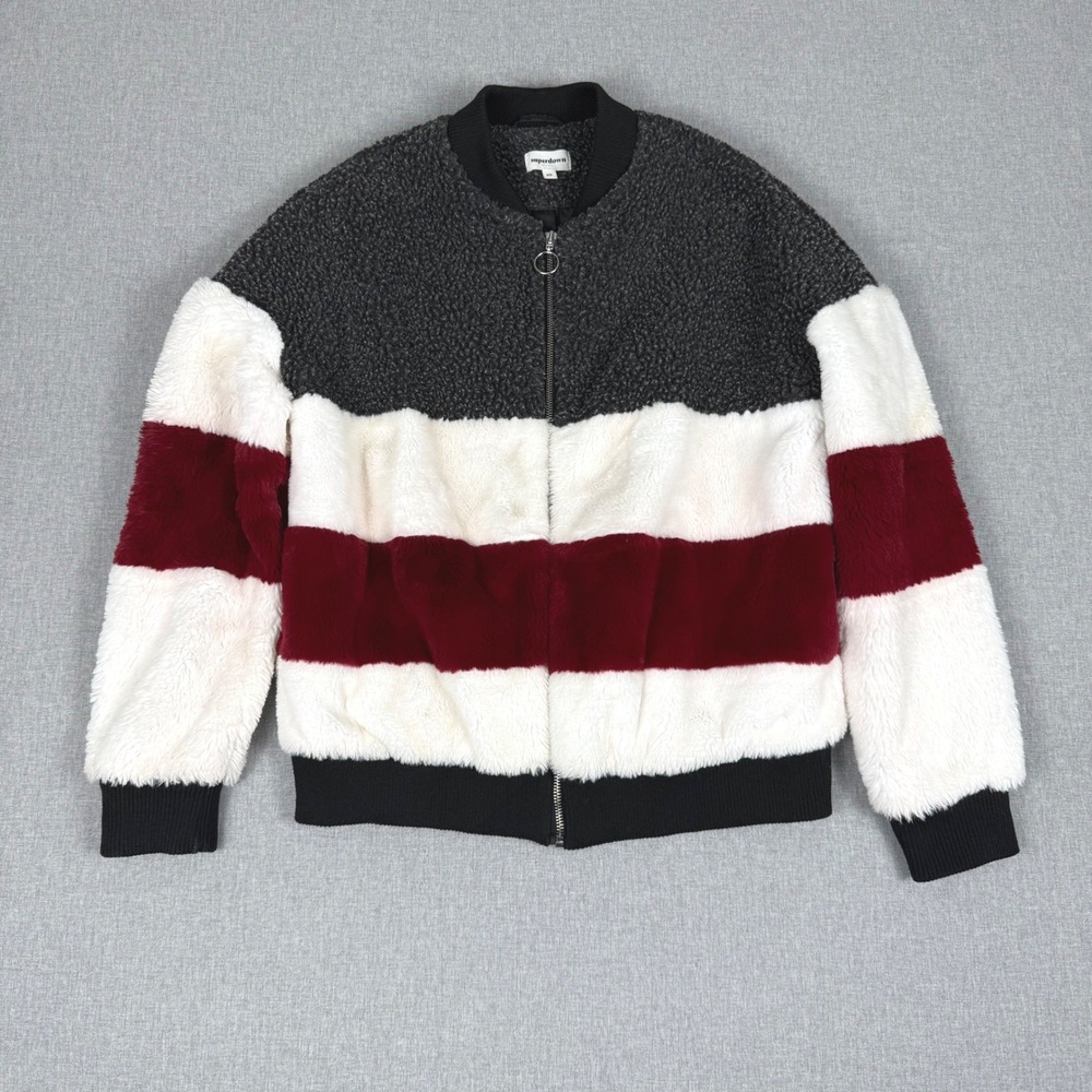 Superdown Colorblock Faux Fur Sherpa Bomber Jacket XS Black White Red